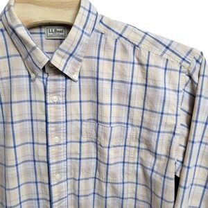 LL Bean Mens XXL Tall Blue Tan Plaid Button Down Shirt Long Sleeve Cotton